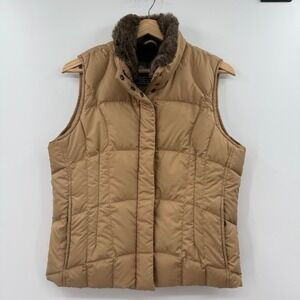 Eddie Bauer goose Down Women's Vest Puffer Quilted Faux Fur Collar Tan‎